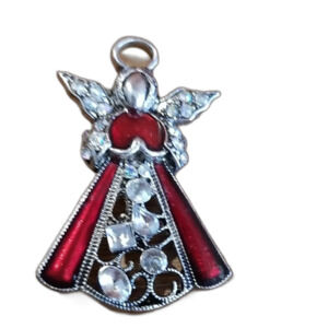 Vintage Style Red Enamel & Silver Angel Pendant Necklace Charm Sparkling Accents
